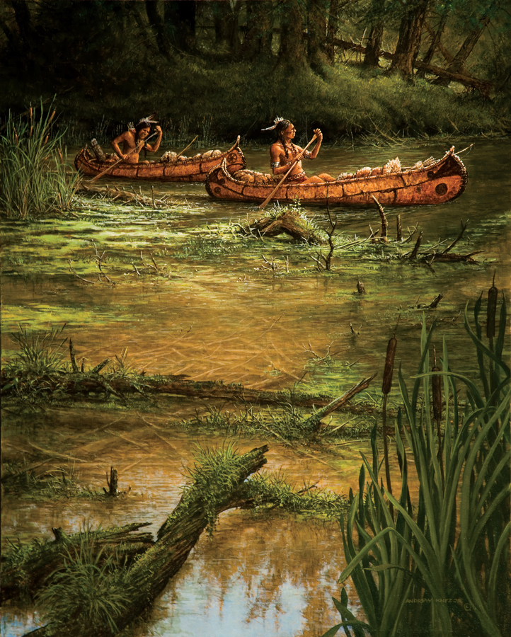 American Indians in canoe